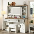 thumbnail image 1 of Merluxy Farmhouse 47.2" Makeup Vanity Desk with Charging Station, Vanity Set with Stool & Sliding Mirror, Glass Desktop, Ample Storage, Antique White, 1 of 9