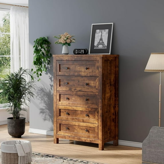 Merluxy Farmhouse 5 Drawers Dresser, Wood Rustic Chest of Drawers with Metal Handles, 5 Drawers Chest for Living Room, Evening Glow