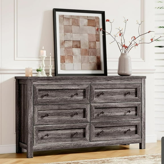 Merluxy Farmhouse 6 Drawers Dresser, Wood Rustic Chest of Drawers for Bedroom, 6 Drawers Chest for Living Room, Hallway, Grey
