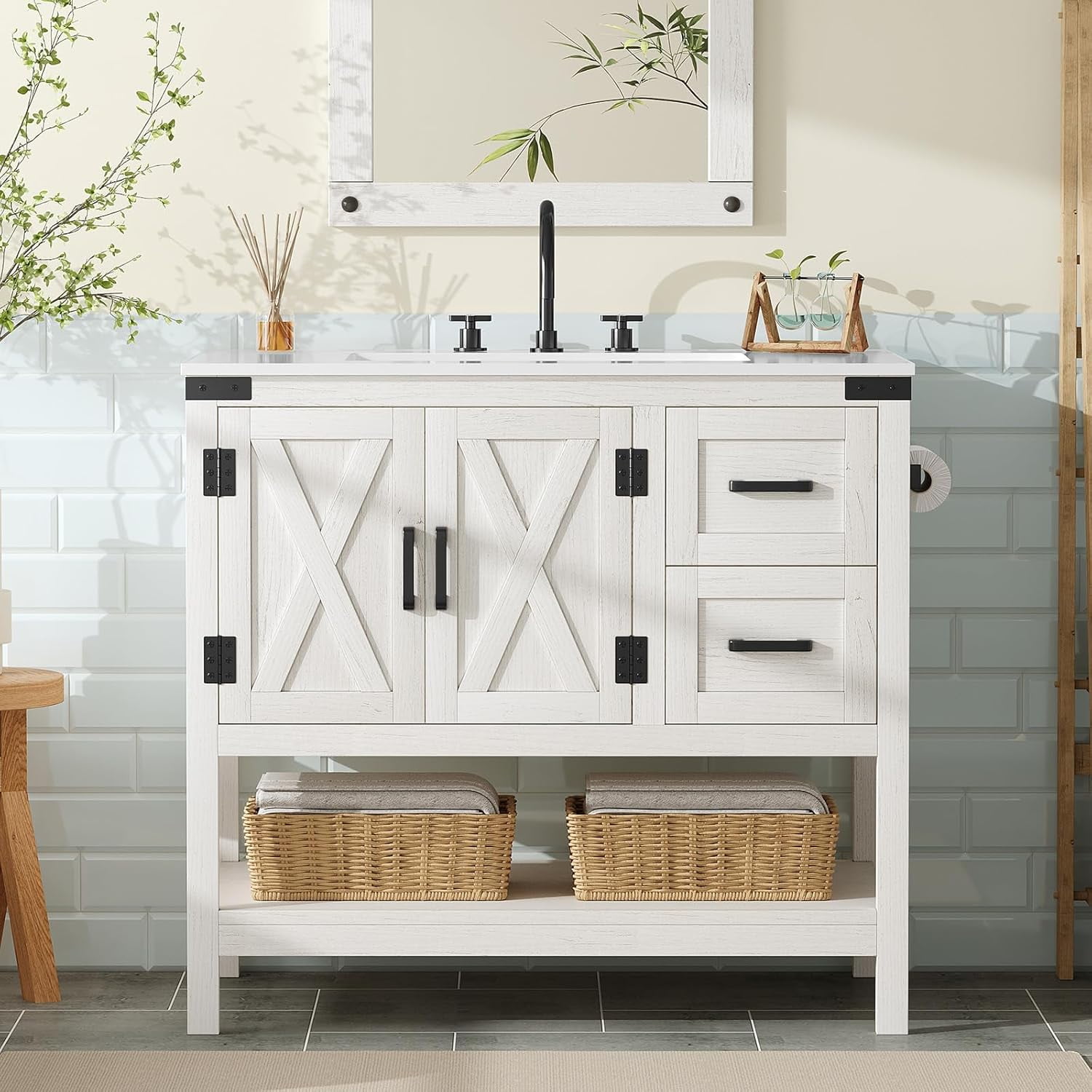 Merluxy Farmhouse Bathroom Vanity with Sink,Wood Barn Door Freestanding Bath Storage Cabinet,White