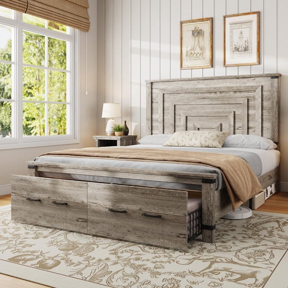 Merluxy Farmhouse Full Size Bed Frame, Rustic Wood Platform Bedstead with Storage Drawers, Grey