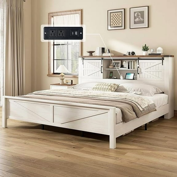 Merluxy 44" H farmhouse King Bed Frame with Storage Bookcase & Charging Station, Bedroom Furniture, White