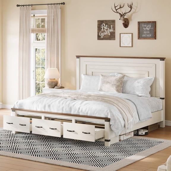 Merluxy Farmhouse King Size Bed Frame, Rustic Wood Platform Bedstead with Storage Drawers, White
