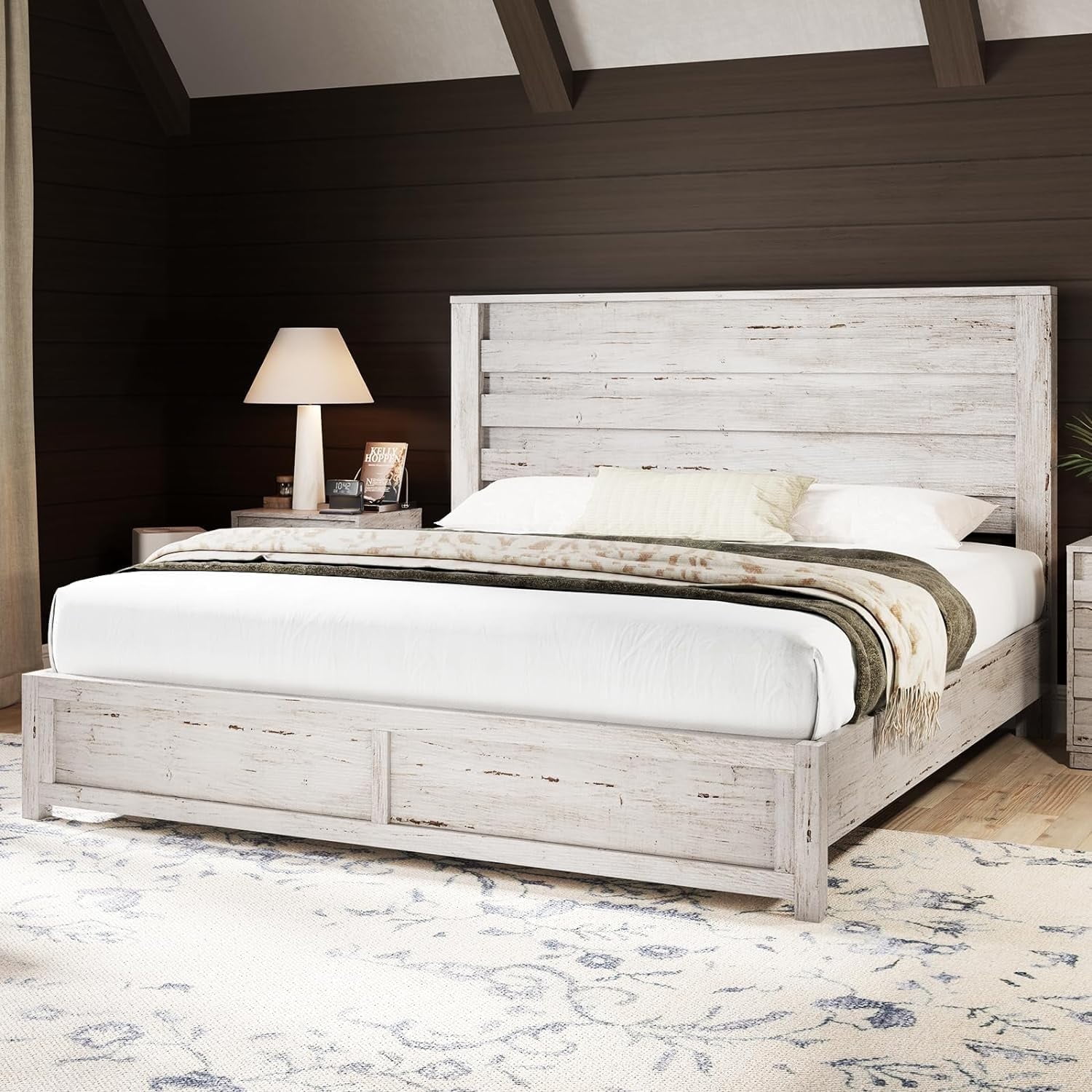 Merluxy Farmhouse King size Bed Frame with 49" Scalloped Headboard, with Natural Woodgrain Finish, No Boxspring/No Noise, Distressed White