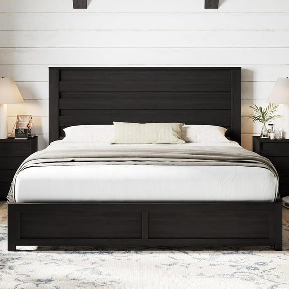 Merluxy Farmhouse King size Bed Frame with 49" Scalloped Headboard, Platform Bed with Natural Woodgrain Finish, No Boxspring/No Noise, Black
