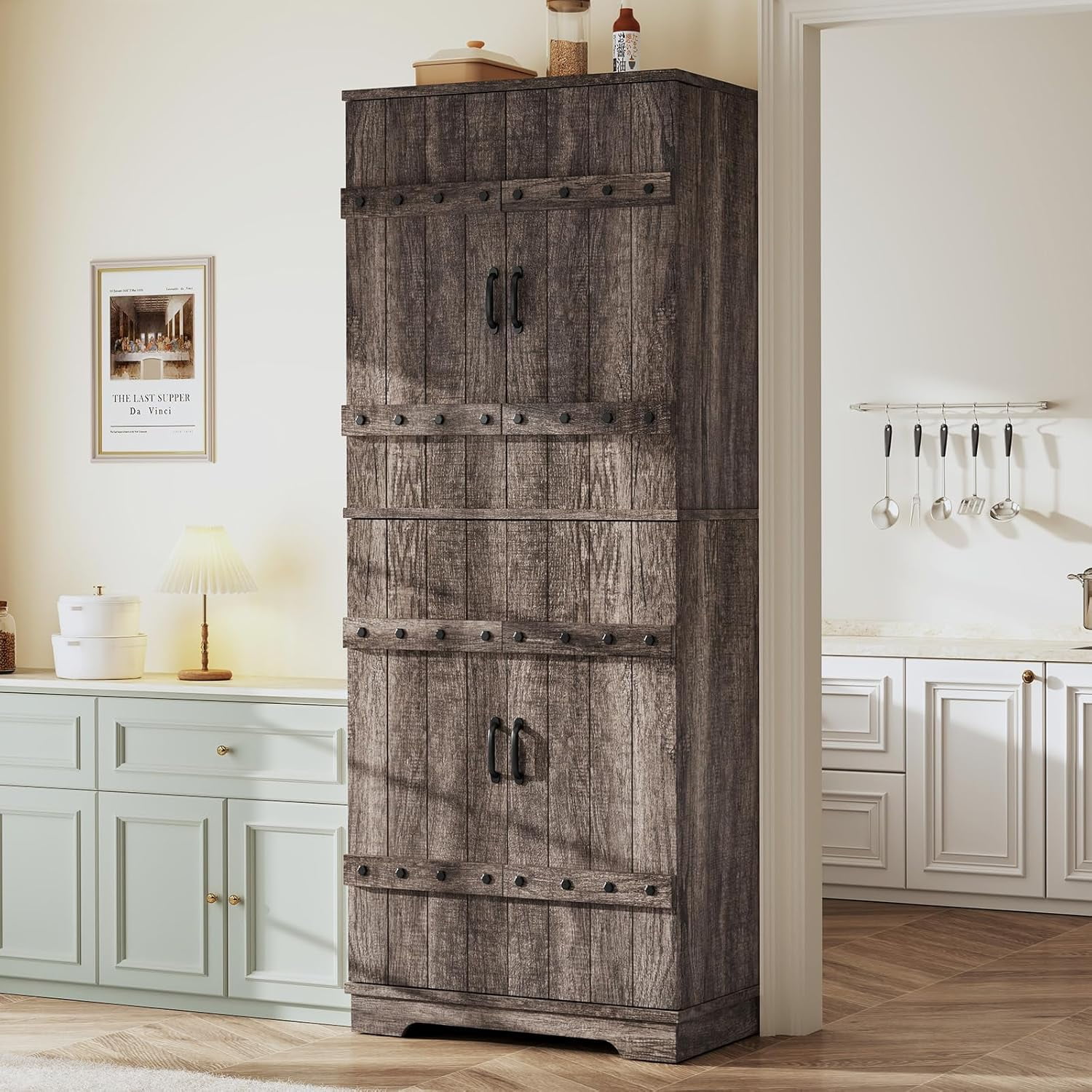Merluxy Farmhouse Kitchen Pantry, Wooden Kitchen Cupboard with Drawer ...