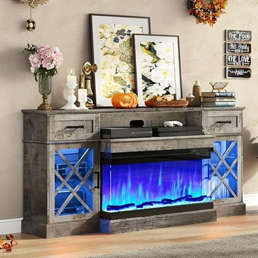 Merluxy Farmhouse LED Fireplace TV Stand with 3-Sided Glass Fireplace, 70" Large Entertainment Center for TVs up to 80", Rustic TV Console with Glass Door Storage for Living Room, Light Gray