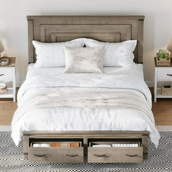 Merluxy Farmhouse Queen Size Bed Frame, Rustic Wood Platform Bedstead with Storage Drawers, Grey