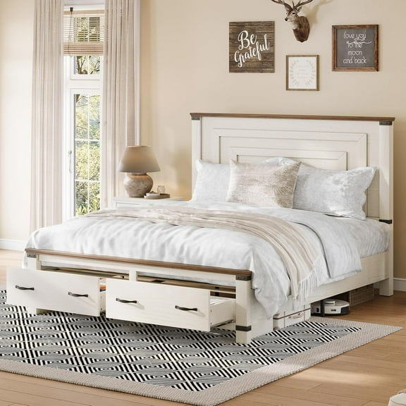 Merluxy Farmhouse Queen Size Bed Frame, Rustic Wood Platform Bedstead with Storage Drawers, White
