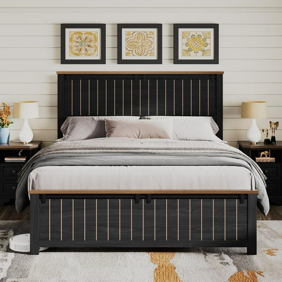 Merluxy Farmhouse Queen Size Bed Frame with Barn Door, Wooden Rustic Platform with 47" Tall Headboard, Solid Wood Slats & Metal Support, Dark Grey