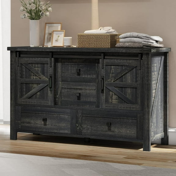 Merluxy Farmhouse Sideboard Buffet Cabinet with 4 Drawers & 2 Doors for Living Room & Bedroom, Black