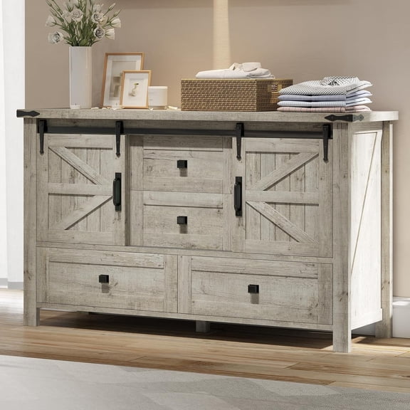 Merluxy Farmhouse Sideboard Buffet Cabinet with 4 Drawers & 2 Doors for Living Room & Bedroom, Grey