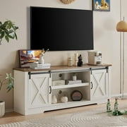 Merluxy Farmhouse TV Stand for 75"es TVs, 66" Entertainment Center with Adjustable Shelf & Feet, Console Table with Storage, Distressed White & Rustic