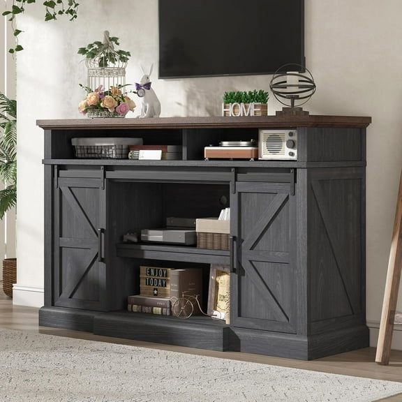Merluxy Farmhouse TV Stand,Entertainment Center with Sliding Barn Door,Rustic Media Console,Dark Grey