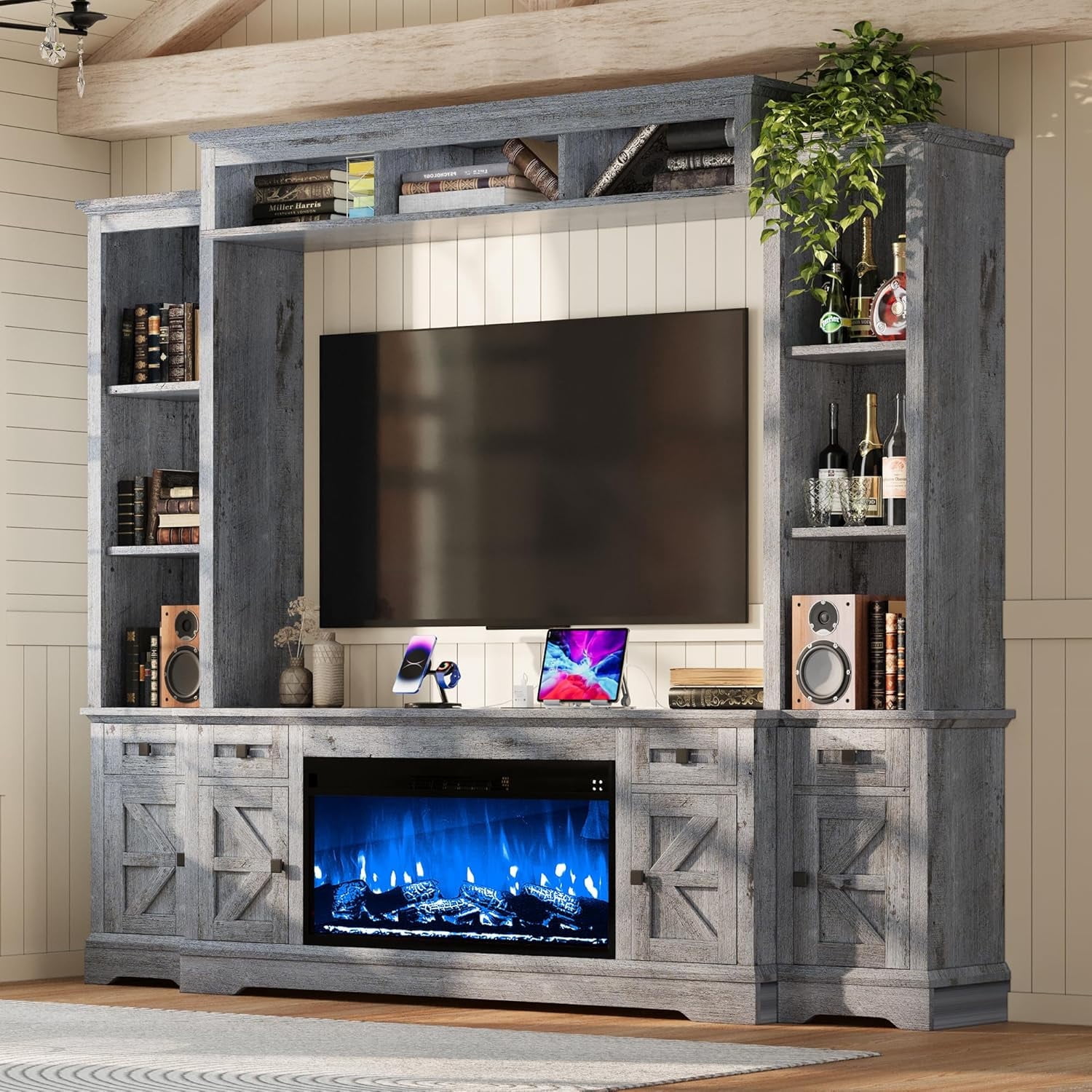 Merluxy Farmhouse TV Stand with Fireplace,Power Outlets,Bookshelves & Wine Cabinet for 78" TVs,Grey