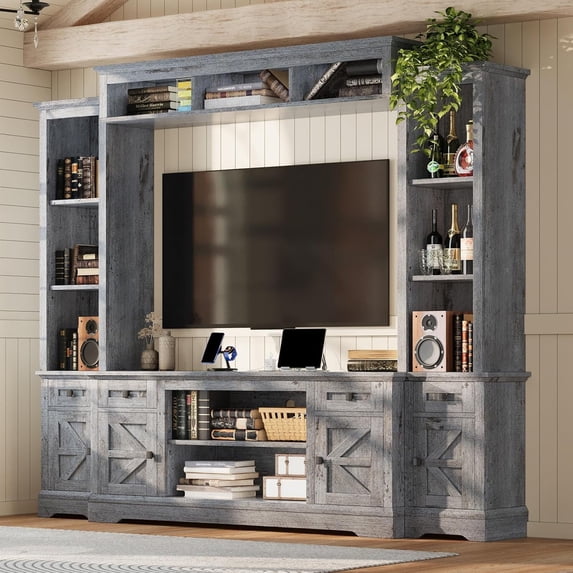 Merluxy Farmhouse Wall Unit TV Stand with Bookshelf & Wine Cabinet, Power Outlets for 78" TVs, Grey