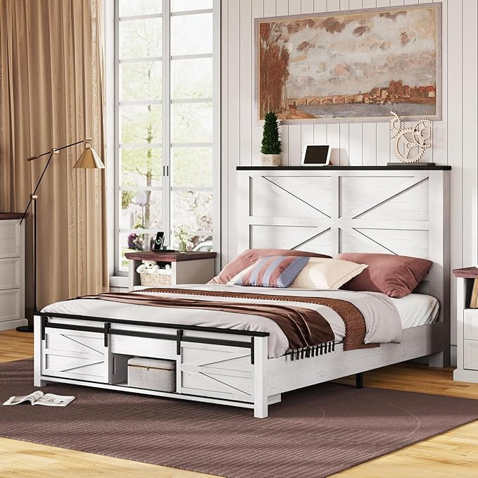 Merluxy Farmhouse Wood Bed Frame Full Size with Sliding Barn Door ...