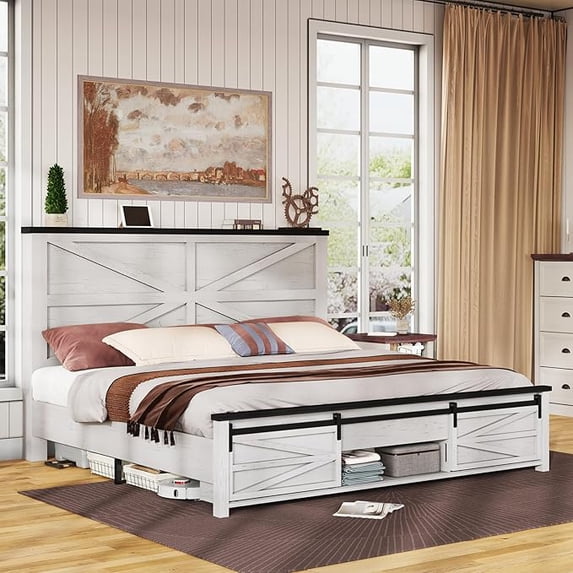 Merluxy Farmhouse Wood Bed Frame King Size with Sliding Barn Door ...