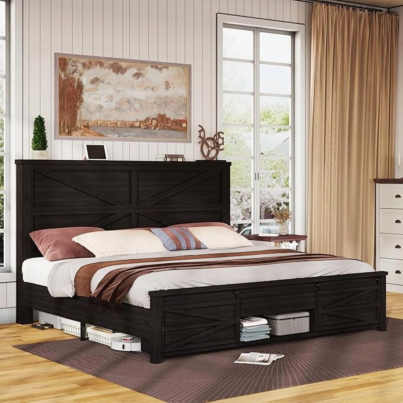Merluxy Farmhouse Wood Bed Frame King Size with Sliding Barn Door ...