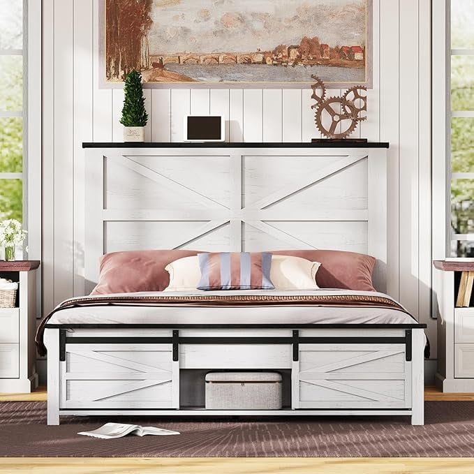 Merluxy Farmhouse Wood Bed Frame Queen Size with Sliding Barn Door ...