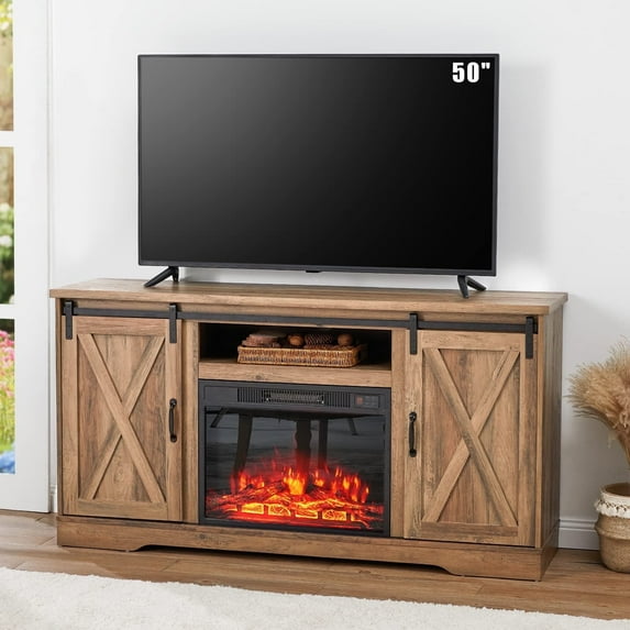 Merluxy Fireplace TV Stand Sliding Barn Door Wood Entertainment Center with a 23" Fireplace, Modern Farmhouse Console for TVs up to 65", Barnwood