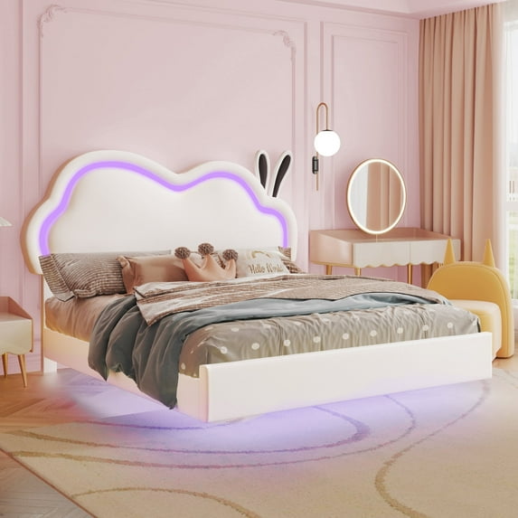 Merluxy Floating Queen Bed Frame with Adjustable LED Headboard, Leather Upholstered Platform Bed Frame with Wood Slats Support, Easy Assembly, White