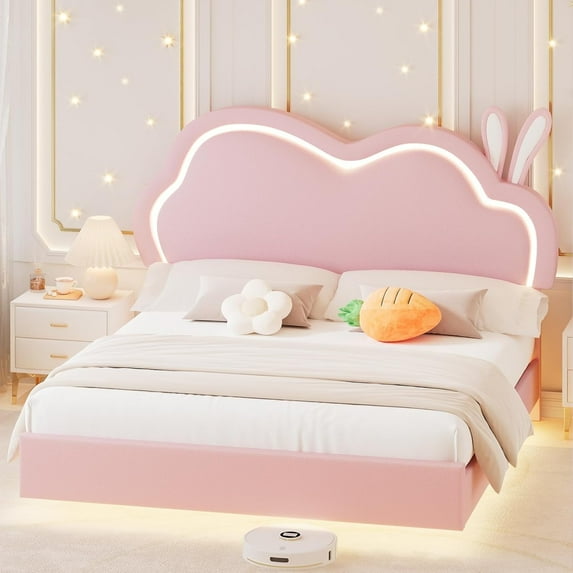Merluxy Floating Tiwn Bed Frame with Adjustable LED Headboard, Cute Leather Upholstered Platform Bed Frame with Wood Slat Support, Easy Assembly, Pink