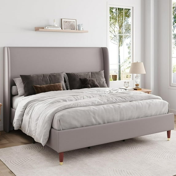 Merluxy Full Bed Frame with 51.2" Wingback Headboard,Linen Upholstered,No Box Spring Needed,Light Grey