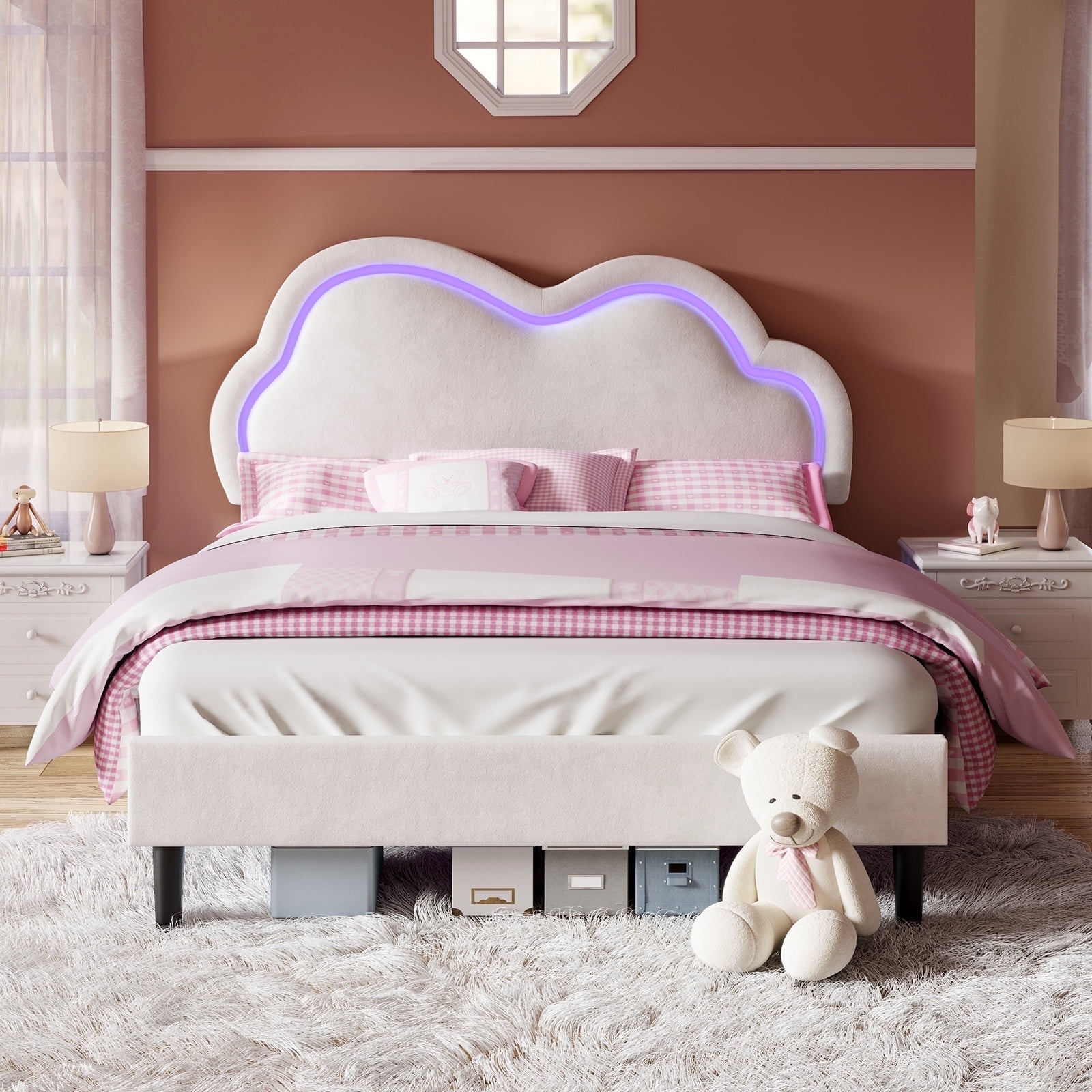 Merluxy Full Bed Frame with LED Light,Adjustable Cloud Headboard,No Box Spring Needed,Cream