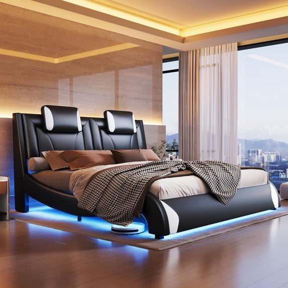 Merluxy Full Floating Bed Frame With LED Lights, Modern Faux Leather Upholstered Platform Bed,Black
