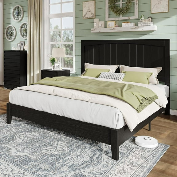 Merluxy Full Size 48.4" Solid Wood Bed Frame, Mid Century Modern Platform Bed with Arched Lines Headboard, No Box Spring Needed/Noise Free, Black