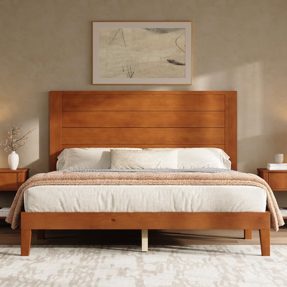 Merluxy Full Size Bed Frame with 48" Tall Headboard, Mid Century Modern Solid Wood Platform Bed with Silent Wood Slat System, Brown