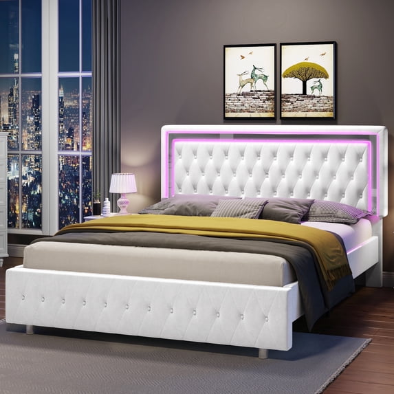 Merluxy Full Size Bed Frame with Led Lights Headboard,Acrylic Mirror Accents,No Box Spring Needed,Velvet White
