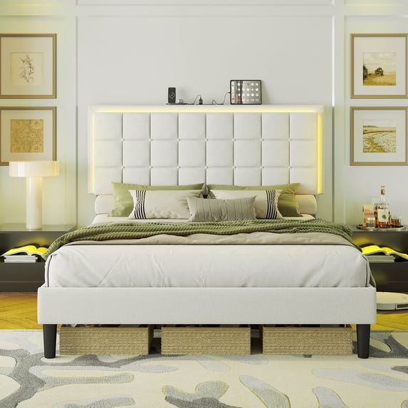 Merluxy Full Size Button Tufted Platform Bed Frame with LED Lights, Charging Station, White