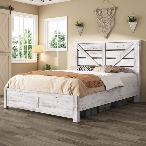 Merluxy Full Size Farmhouse Bed Frame with Barn Door Headboard, Platform Bed Frame with Wood Slats, Under Bed Storage Space, Distressed White