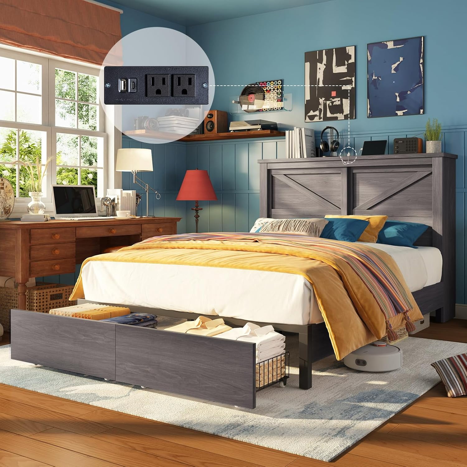 Merluxy Full Size Farmhouse Bed Frame with Bookcase Headboard and ...