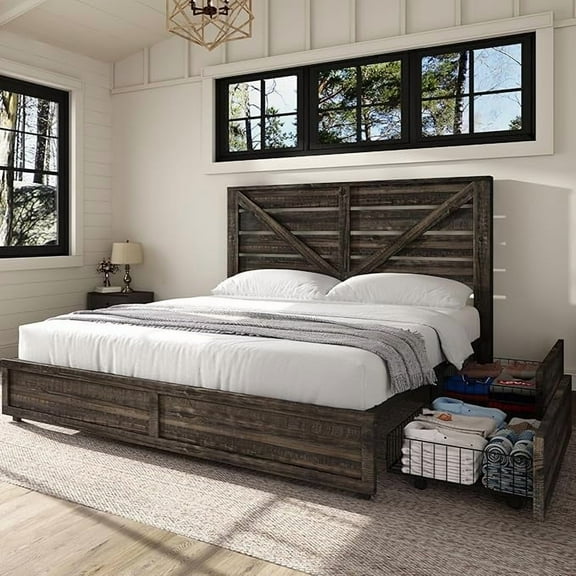 Merluxy Full Size Farmhouse Bed Frame with Headboard, Wooden Storage Bedroom Furniture, Black