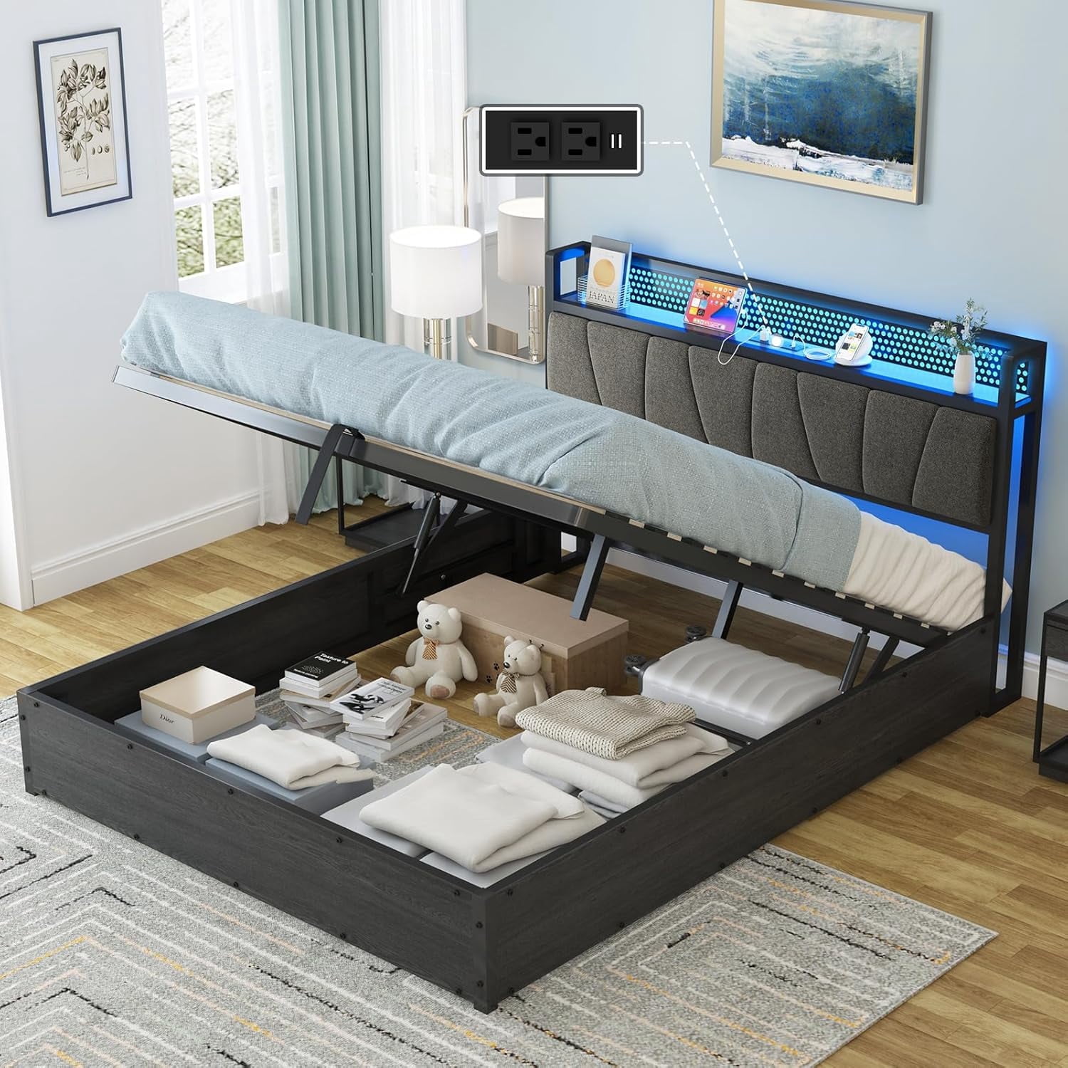 Merluxy Full Size Lift Up Bed Frame with Linen Upholstered & LED Light ...