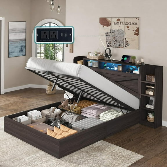 Merluxy Full Size Lift Up Storage Bed Frame with Bookcase Headboard & Charging Station, Black