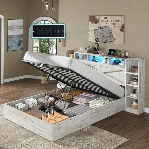 Merluxy Full Size Lift Up Storage Bed Frame with Bookcase Headboard & Charging Station, White