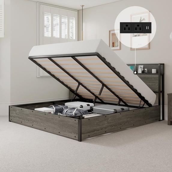 Merluxy Full Size Lift Up Storage Bed, Metal Wood Storage Headboard & Charging Station, Rustic Grey