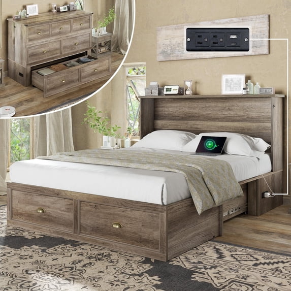 Merluxy Full Size Murphy Bed, Farmhouse Cabinet Bed with Charging Station and Storage Drawer for Bedroom & Guest Room, Grey