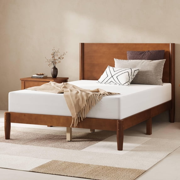 Merluxy Solid Wood Full Size Bed Frame, Mid Century Modern Bed with Full Panel Headboard, Under-Bed Storage, Brown Walnut