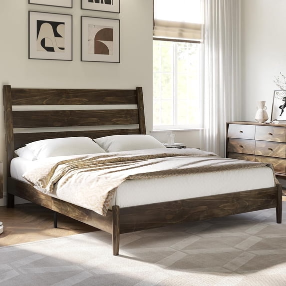 Merluxy Full Size Solid Wood Bed Frame, Mid Century Platform Bed with Reclining Slatted Headboard, Wood Slat Support/Noise Free, Dark Brown