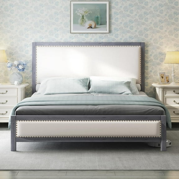 Merluxy Full Upholstered Platform Bed with Headboard, Solid Wood Bed Frame with Linen Headboard & Footboard Nailhead Trim, Noise-Free, Grey Blue