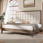 Merluxy Full Bed Frame, Wood Platform Bed with Upholstered Headboard, Ash Gray