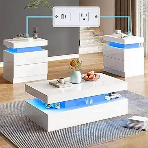 Merluxy High Gloss 3 Pieces Living Room Table Set, Modern LED Coffee Table Sets of 3, 2-tier Center Table with 2 End Side Tables, White