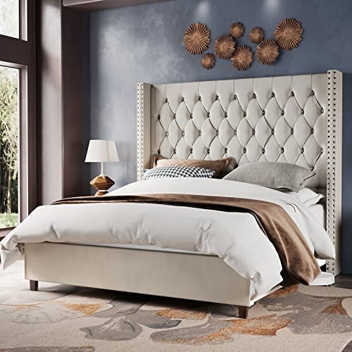 Merluxy King Bed Frame 61.4" Tall Headbord with Deep Button Tufting and Velvet Upholstered,Cream