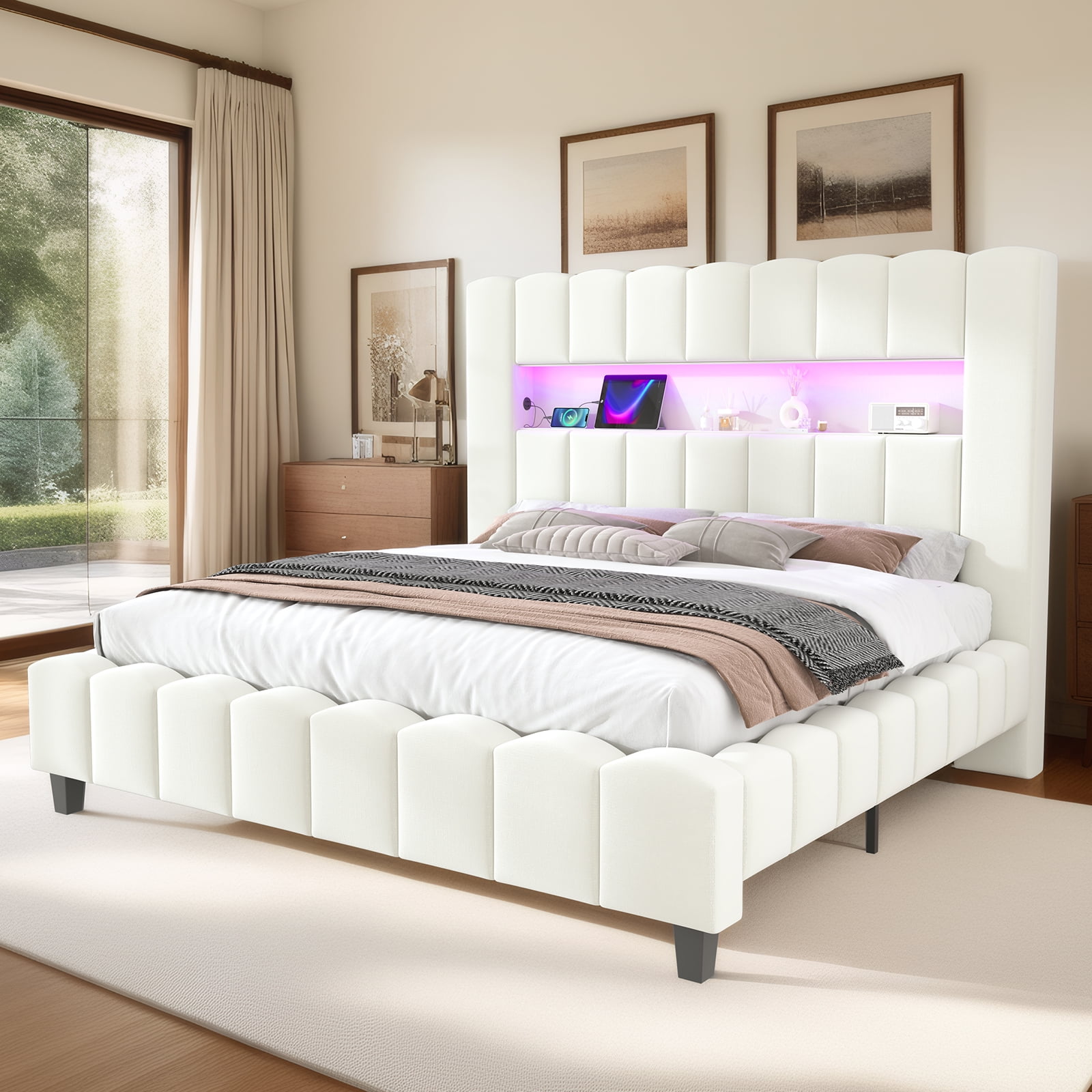 Merluxy King Bed Frame with LED Lights, Velvet Upholstered Platform Bed ...