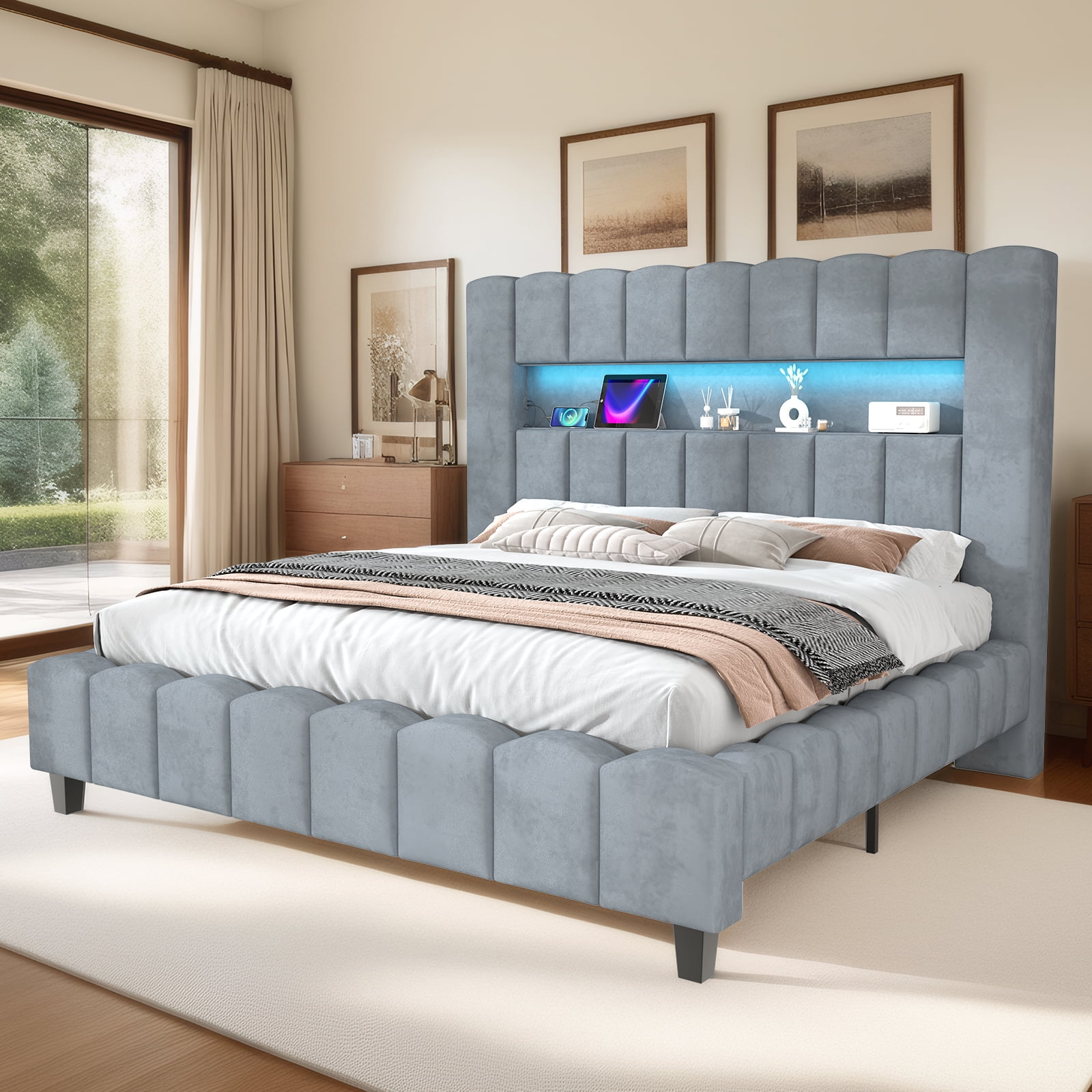Merluxy King Bed Frame with LED Lights, Velvet Upholstered Platform Bed ...